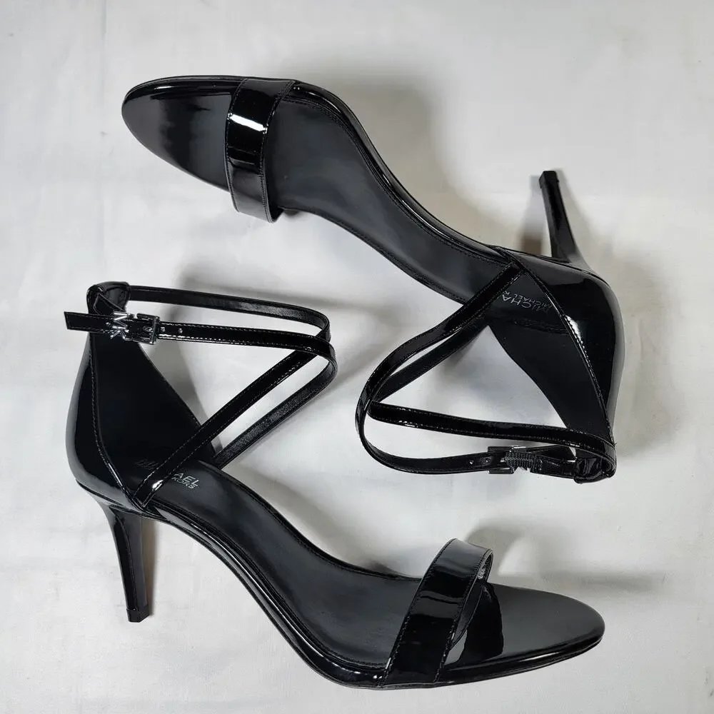 New Michael Kors Ava Mid Womens 9.5 Black Patent Strappy Heels Sandals Stiletto